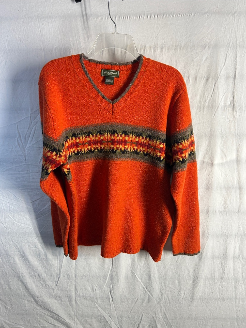 Eddie Bauer Orange V-Neck Sweater with Multicolor Fair Isle Band